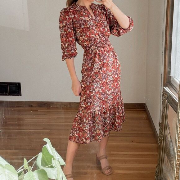 LOFT Bird Print Peasant Dress Size XS - Picture 1 of 8